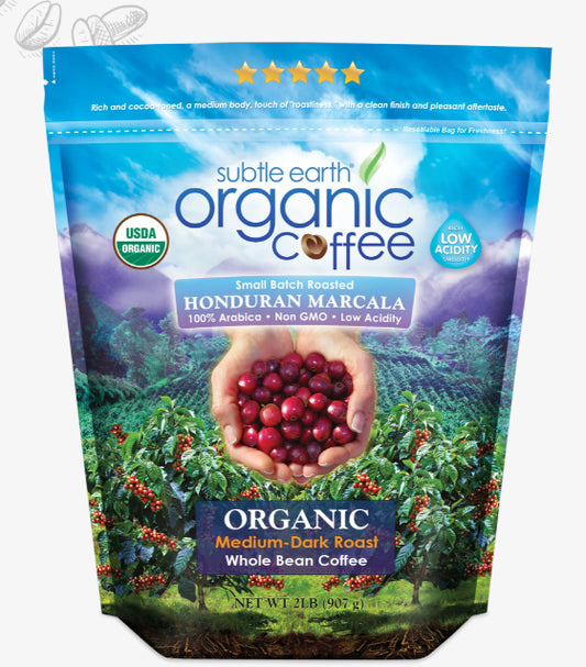 Subtle Earth Organic Whole Bean Coffee, Med-Dark Roast 2 Lb Bag